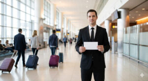 Professional chauffeur in black suit holding a passenger name sign inside a bright modern airport arrivals terminal at DFW 