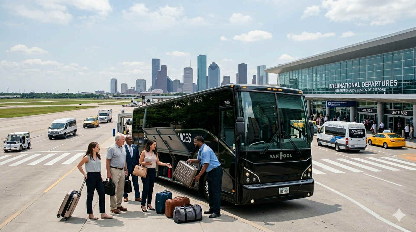 Group of travelers boarding a charter bus at Houston airport terminal for group transportation