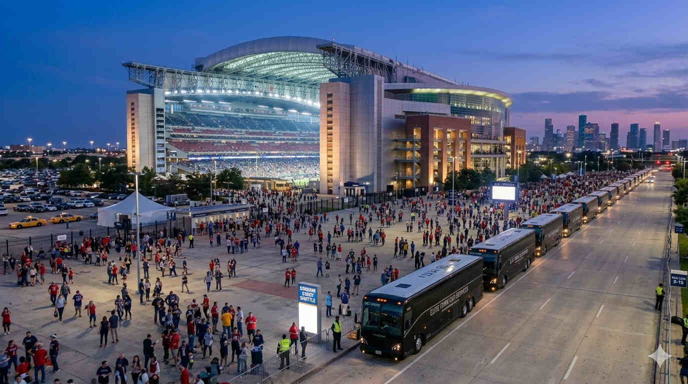 Charter bus fleet lined up outside NRG Stadium Houston for FIFA World Cup 2026 group transportation