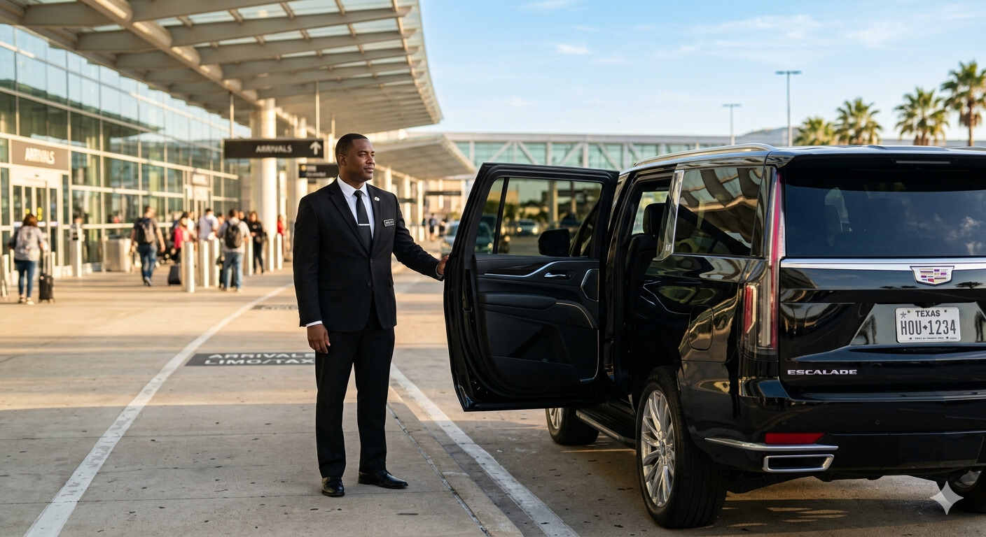 Professional chauffeur standing beside a black luxury SUV at DFW Airport terminal, ready for passenger pickup