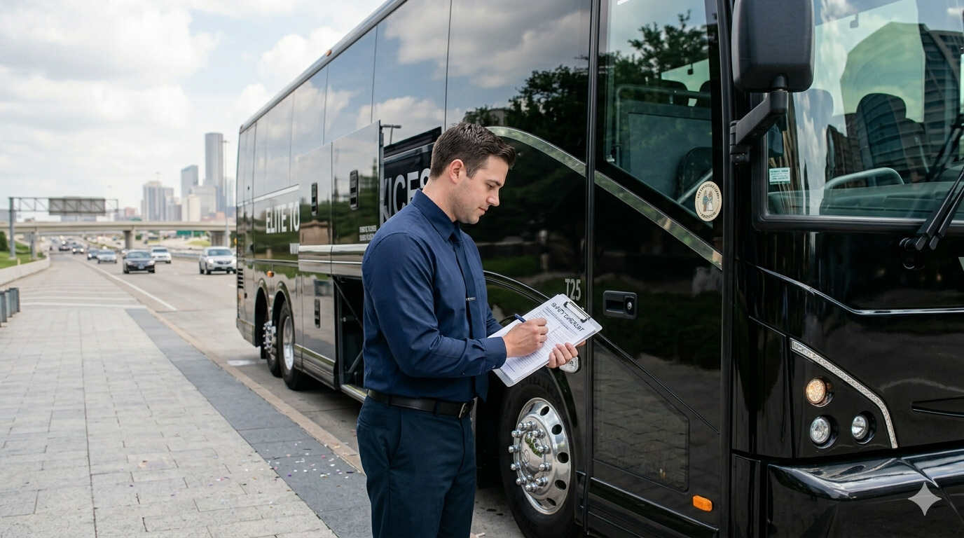 DOT-certified charter bus driver in uniform performing a pre-trip safety inspection in Houston