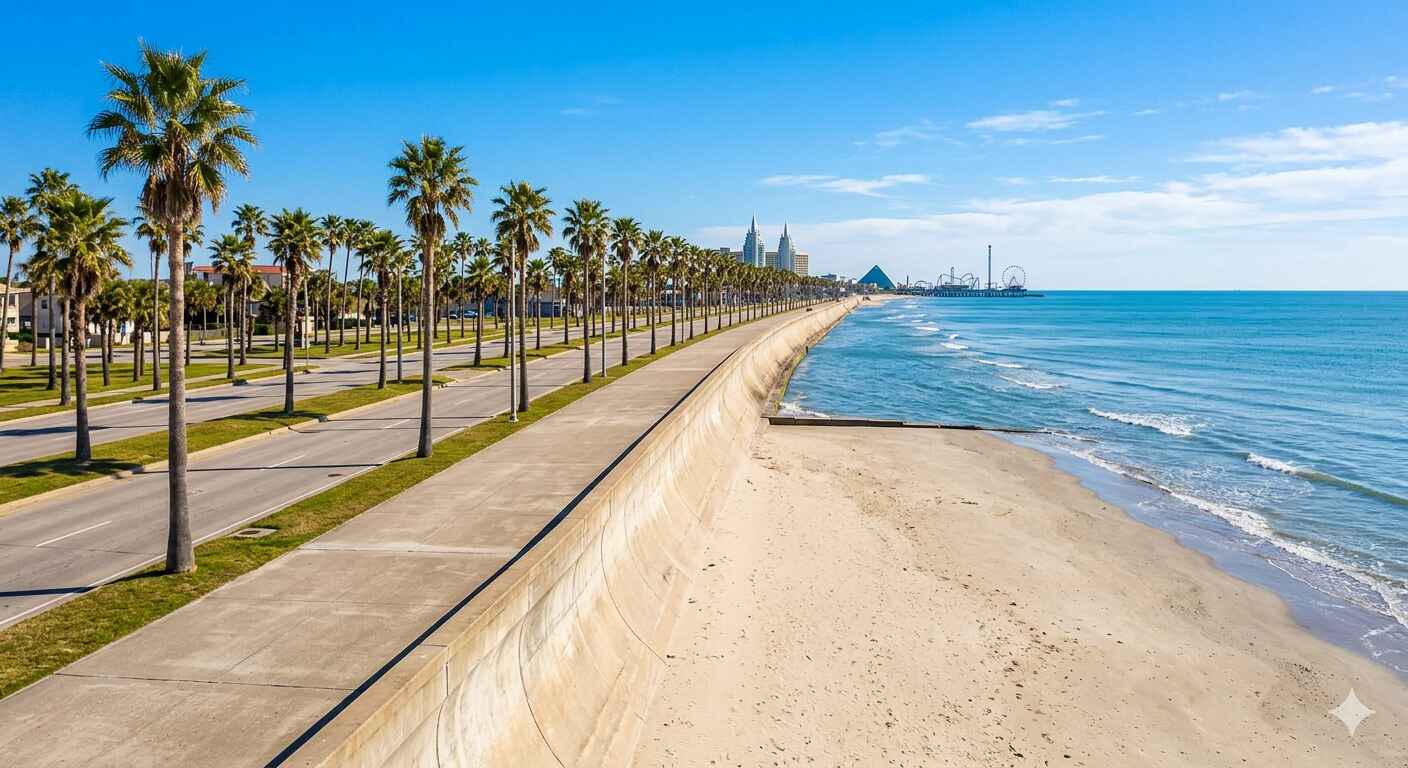 Galveston Island beachfront and seawall — book your shuttle from Houston to Galveston with Elite Town Car Services for a stress-free travel experience