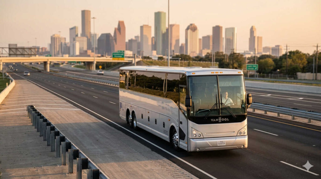 Luxury charter bus rental in Houston TX on a highway at golden hour