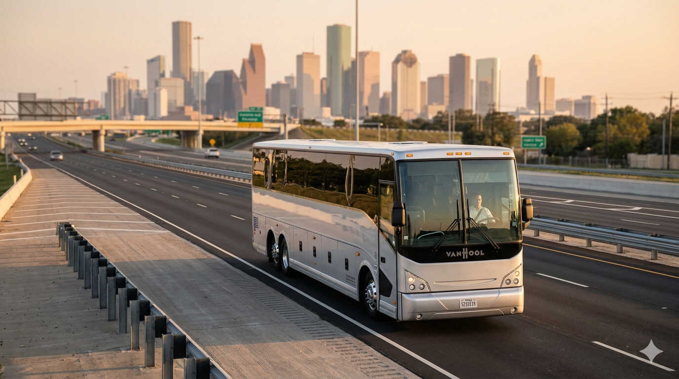 Luxury charter bus rental in Houston TX on a highway at golden hour