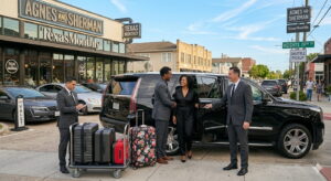 Chauffeur opening car door for guests at Houston restaurant drop-off
