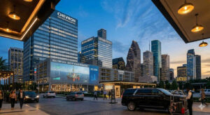 Houston skyline and corporate headquarters attracting executives relocating for energy sector jobs