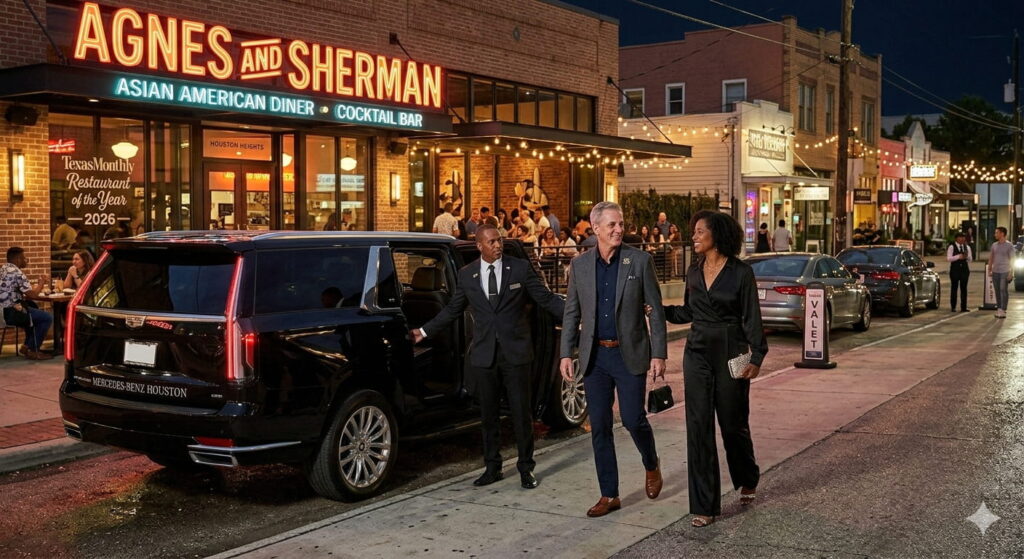 Couple arriving at Houston restaurant in luxury black car service at night