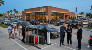 Long valet parking line outside busy Houston restaurant at night