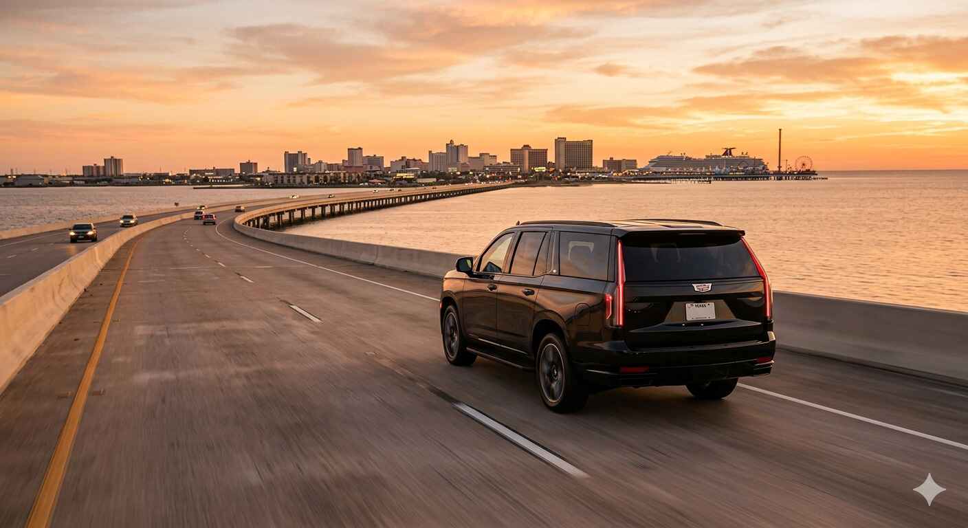 Houston to Galveston shuttle service — luxury black SUV on I-45 heading to Galveston Island