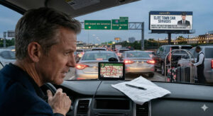 Executive struggling with Houston traffic and GPS during corporate relocation first 90 days