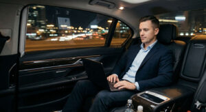 Business traveler relaxing in the rear seat of a luxury black car service vehicle en route to a Dallas hotel, laptop open