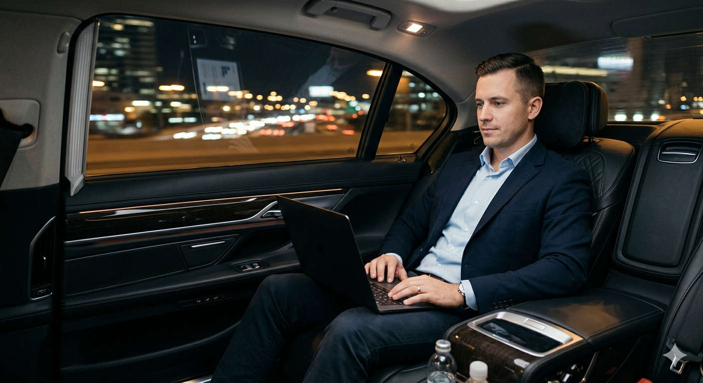 Business traveler relaxing in the rear seat of a luxury black car service vehicle en route to a Dallas hotel, laptop open