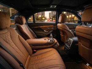 The luxurious interior of an Elite Town Car Services Houston vehicle — premium leather rear seating, ambient lighting, and immaculate presentation for executive and airport transportation
