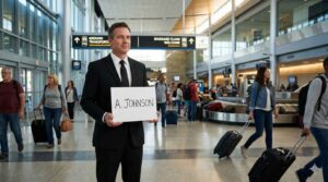 A professional chauffeur in a black suit holding a name sign at George Bush Intercontinental Airport (IAH) baggage claim in Houston, offering a meet-and-greet town car service pickup