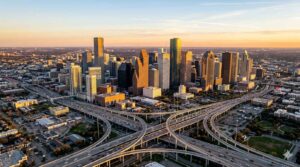 Aerial view of the Houston Texas city skyline at golden hour showing downtown skyscrapers and highway interchanges — the service area covered by Elite Town Car Services