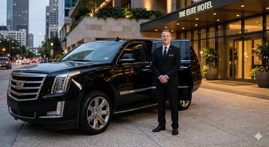 A professional uniformed chauffeur standing beside a black luxury sedan in Houston, representing the difference between a professional town car service and a standard rideshare or taxi