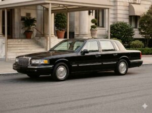 A classic black Lincoln Town Car, the iconic vehicle that defined American chauffeured transportation for three decades, representing the origin of Houston town car service
