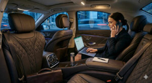 Business executive working in the back seat of a Houston executive car service