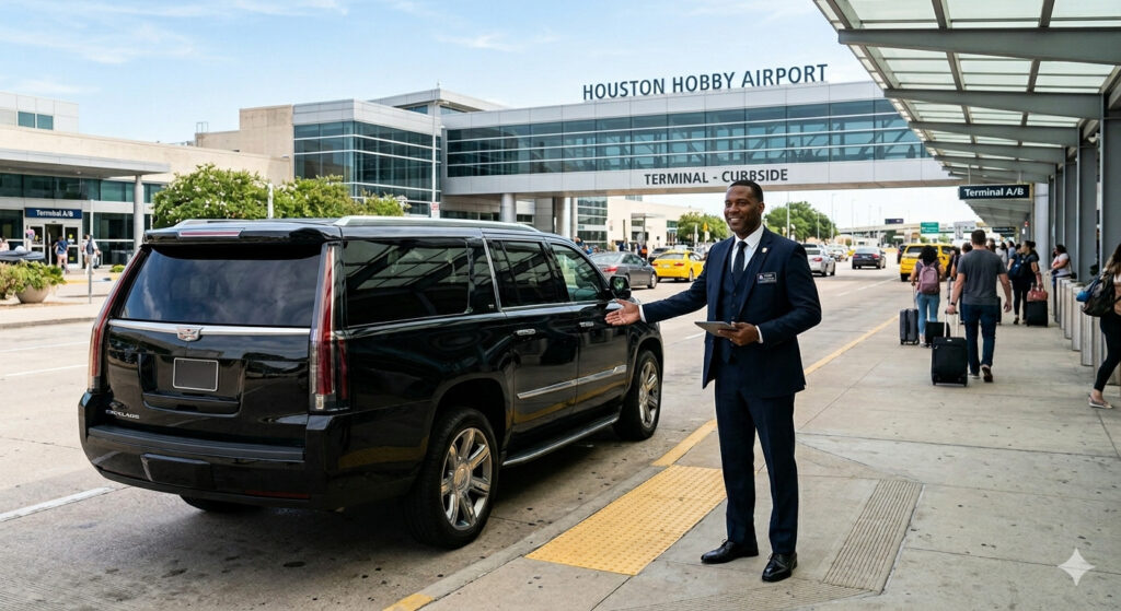 Chauffeur with black car at Houston Hobby Airport (HOU) terminal