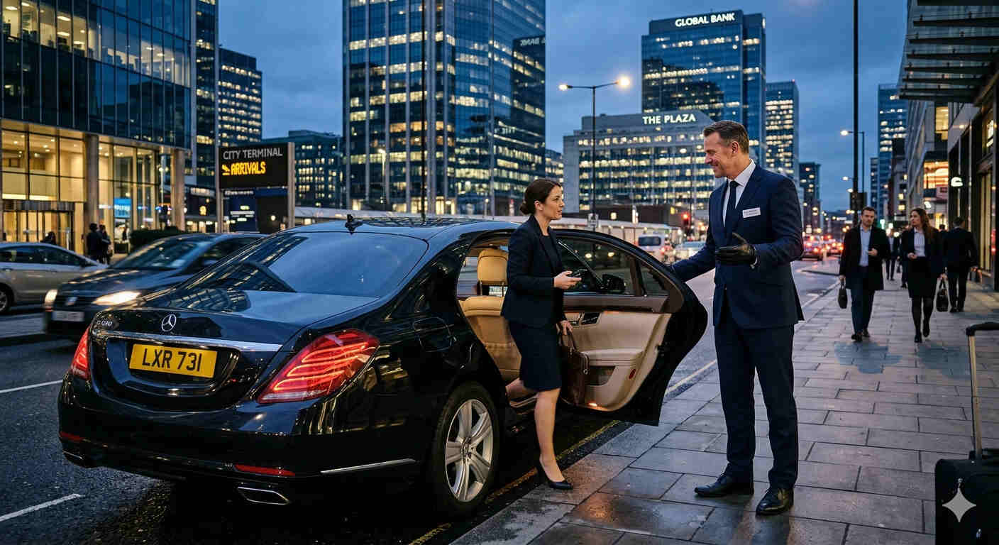 Houston chauffeur opening door of black luxury car for a business traveler