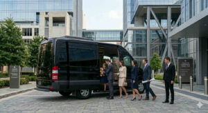 Group boarding a Mercedes Sprinter van for group transportation in Houston