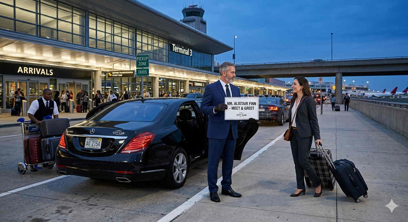 Chauffeur meeting a business traveler at IAH airport baggage claim in Houston