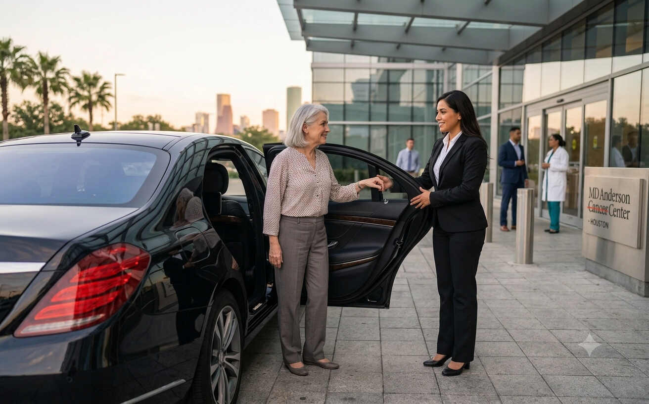 Female chauffeur assisting a woman client at Texas Medical Center building entrance in Houston