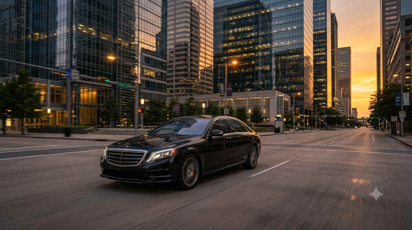 Black luxury vehicle driving through downtown Houston streets showcasing service coverage area