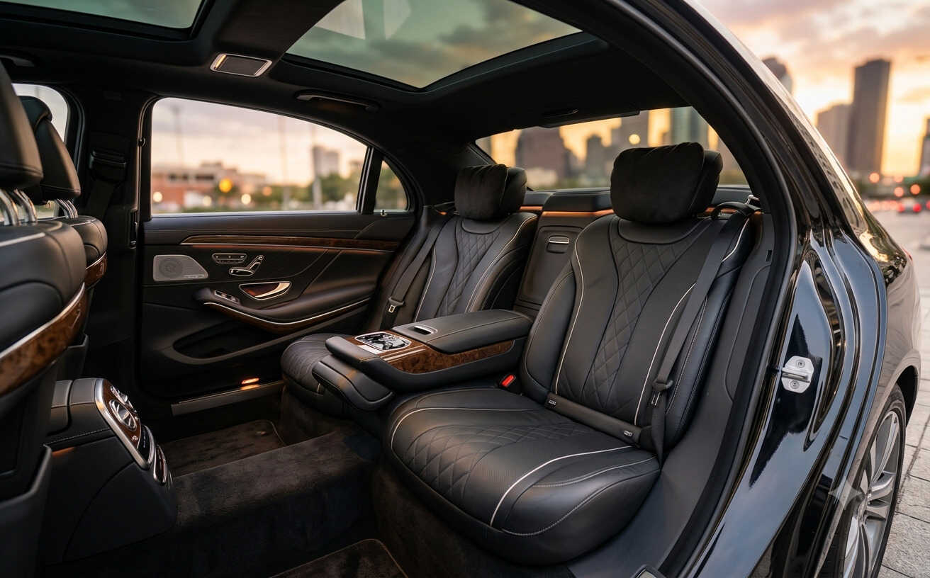 Luxury sedan rear cabin interior with black leather seats and premium finishes for Houston chauffeur service