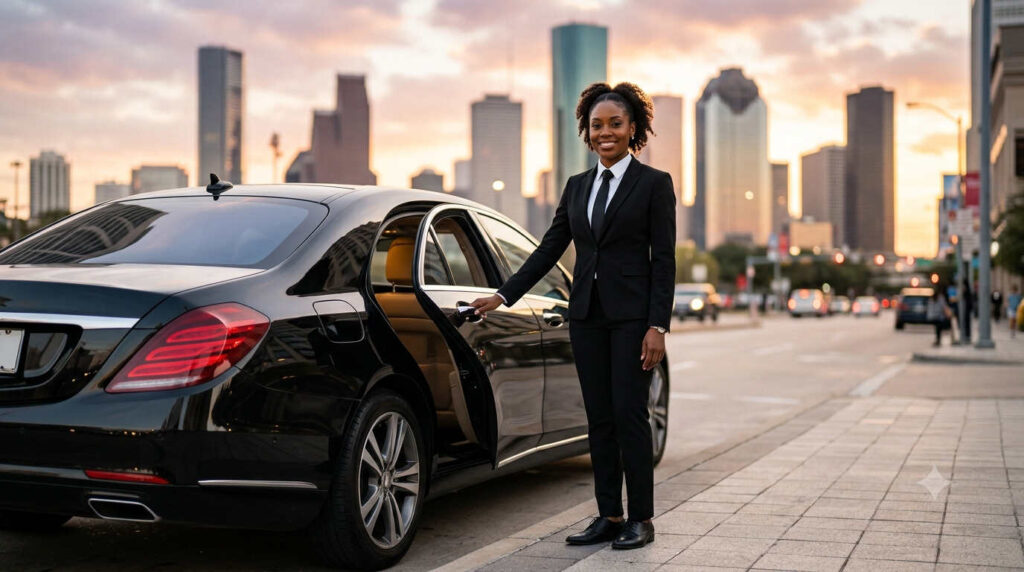 female chauffeur beside luxury sedan