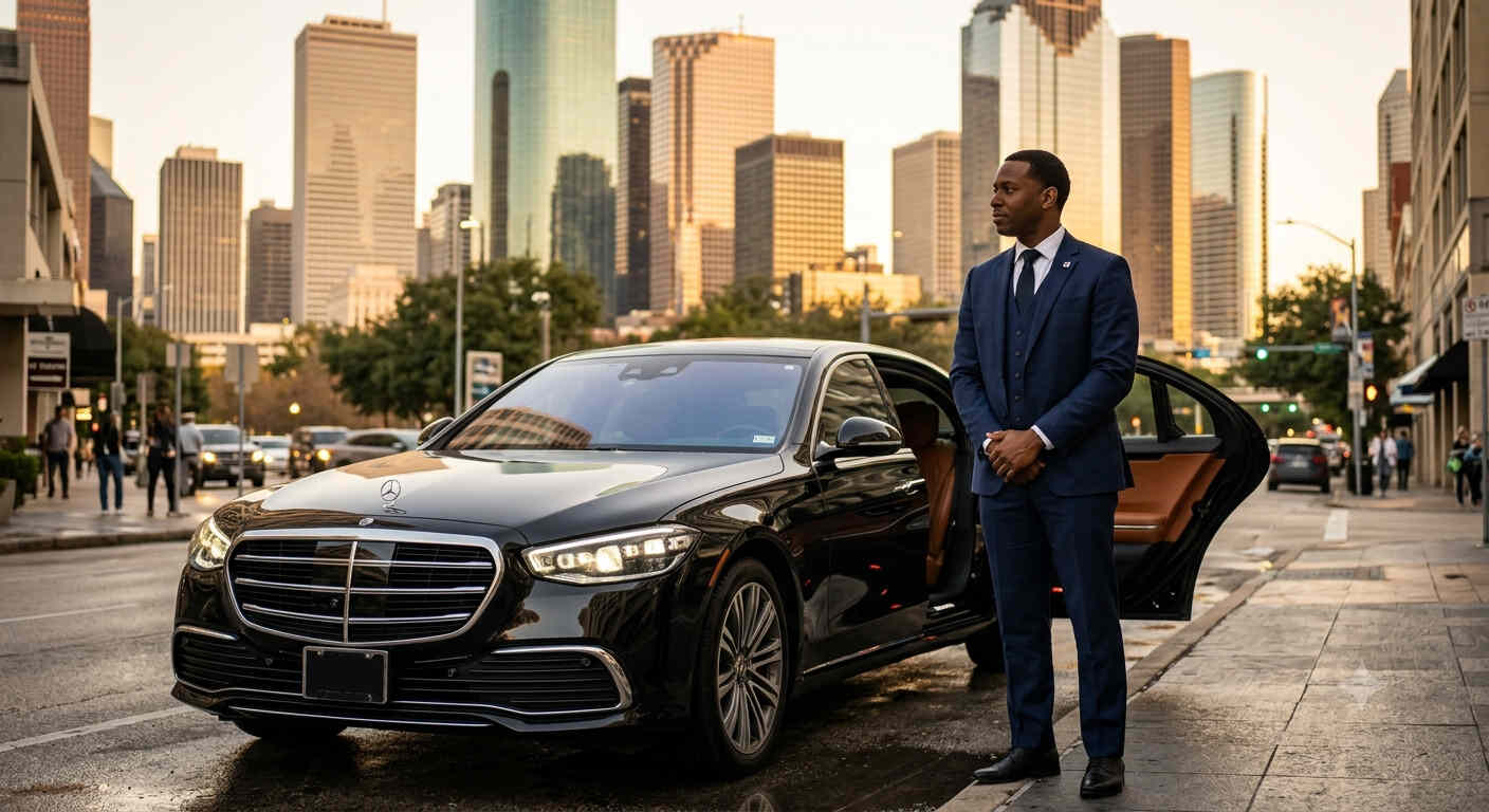 Professional Houston chauffeur in dark suit standing beside Mercedes-Benz S-Class executive sedan for private car service