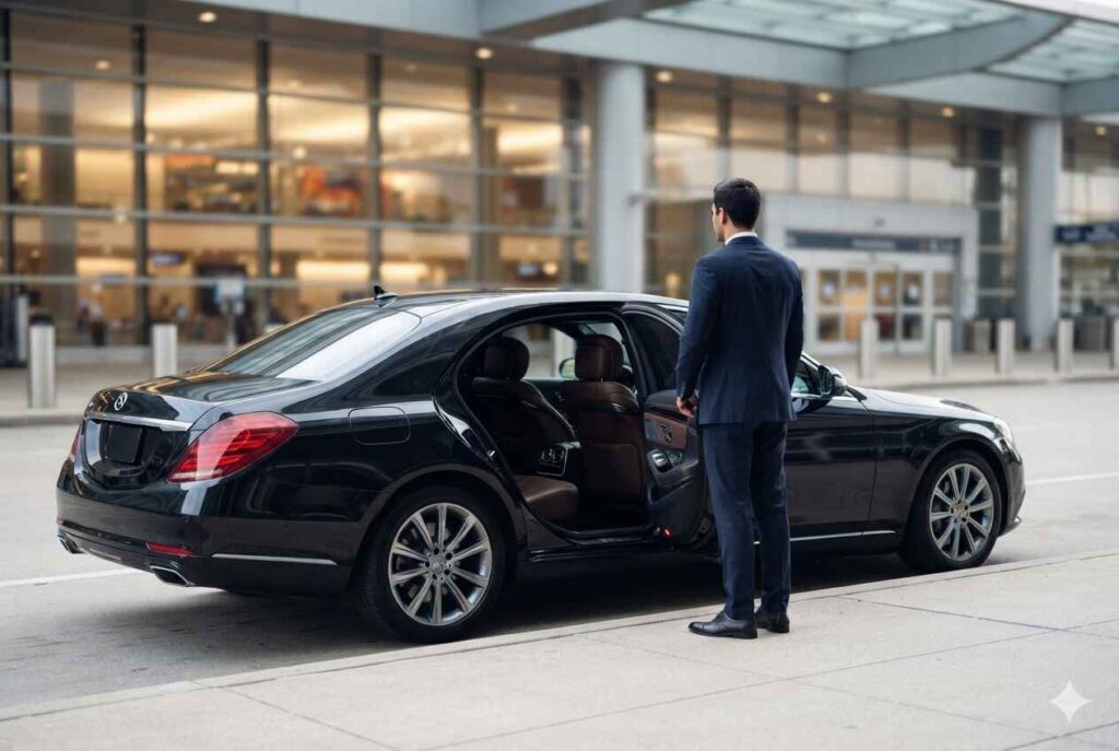 Professional chauffeur with black Mercedes S-Class at IAH George Bush Intercontinental Airport for Houston executive airport transportation