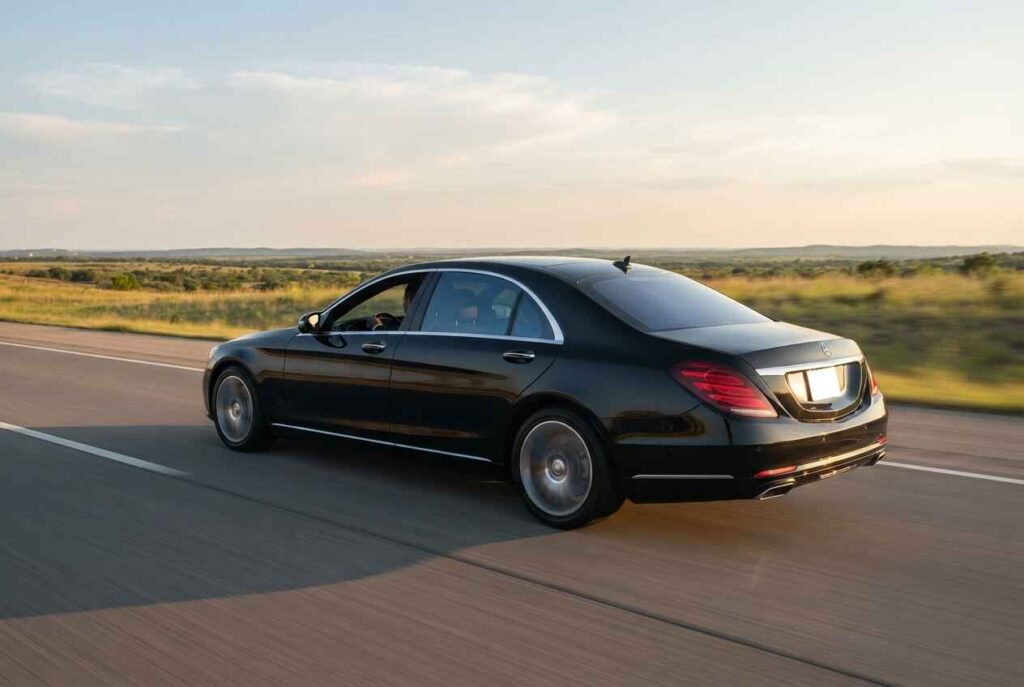 Professional black Mercedes S-Class executive car service driving from Houston to Austin Texas via US-290 West