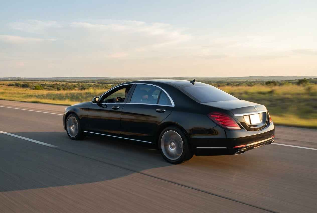 Professional black Mercedes S-Class executive car service driving from Houston to Austin Texas via US-290 West