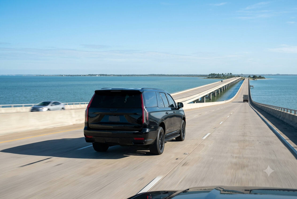Black executive SUV on I-45 South route from Houston to Galveston cruise port Texas Gulf Coast
