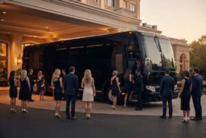 Executive coach bus for Houston wedding guest shuttle service between hotel and venue