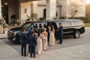 Black stretch limousine for Houston wedding bridal party transportation with bridesmaids and groomsmen