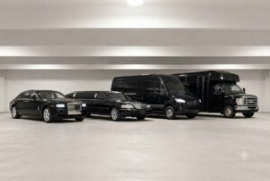 Houston wedding transportation fleet featuring Rolls-Royce Ghost stretch limousine Mercedes Sprinter and executive coach bus