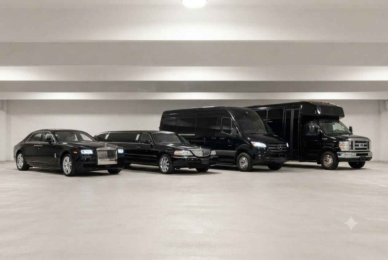 Houston wedding transportation fleet featuring Rolls-Royce Ghost stretch limousine Mercedes Sprinter and executive coach bus