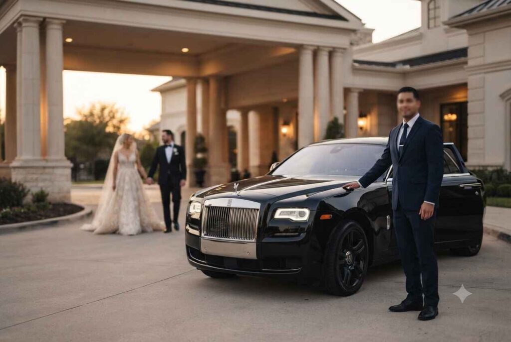Rolls-Royce Ghost wedding car service outside Houston wedding venue for bride and groom grand exit