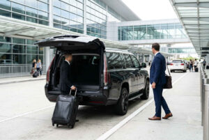 Black executive SUV at IAH airport terminal from The Woodlands car service Houston Texas