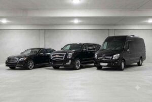 Katy to IAH airport car service fleet featuring Mercedes S-Class Cadillac Escalade SUV and Mercedes Sprinter van
