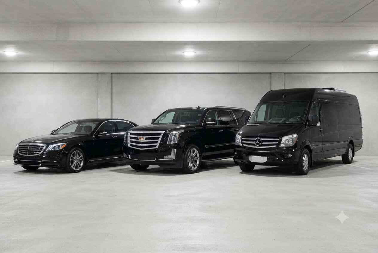 Katy to IAH airport car service fleet featuring Mercedes S-Class Cadillac Escalade SUV and Mercedes Sprinter van