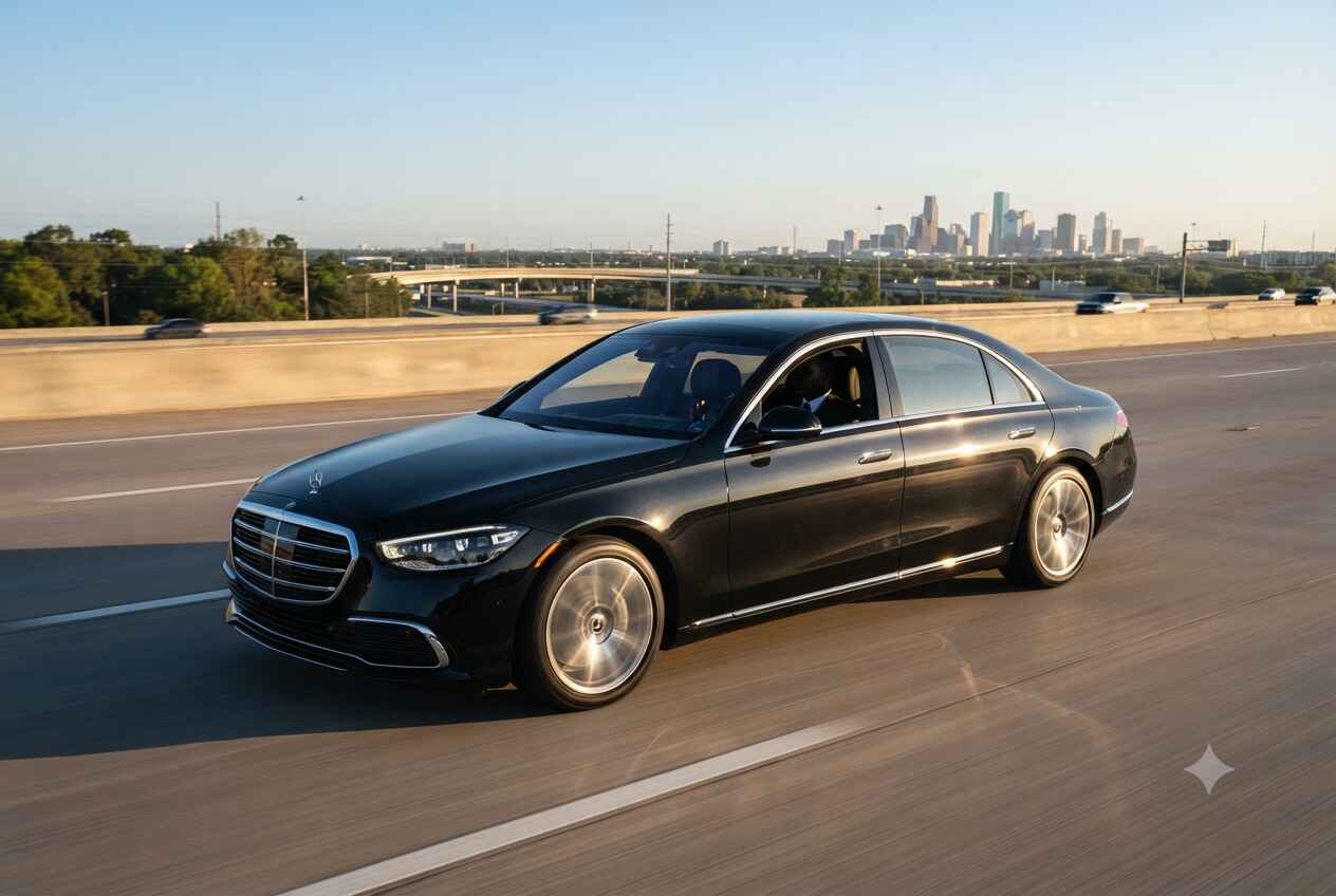Professional black Mercedes S-Class car service driving from Katy Texas to IAH airport via Sam Houston Tollway