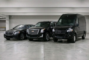 The Woodlands airport car service fleet featuring Mercedes S-Class sedan Cadillac Escalade SUV and Mercedes Sprinter van