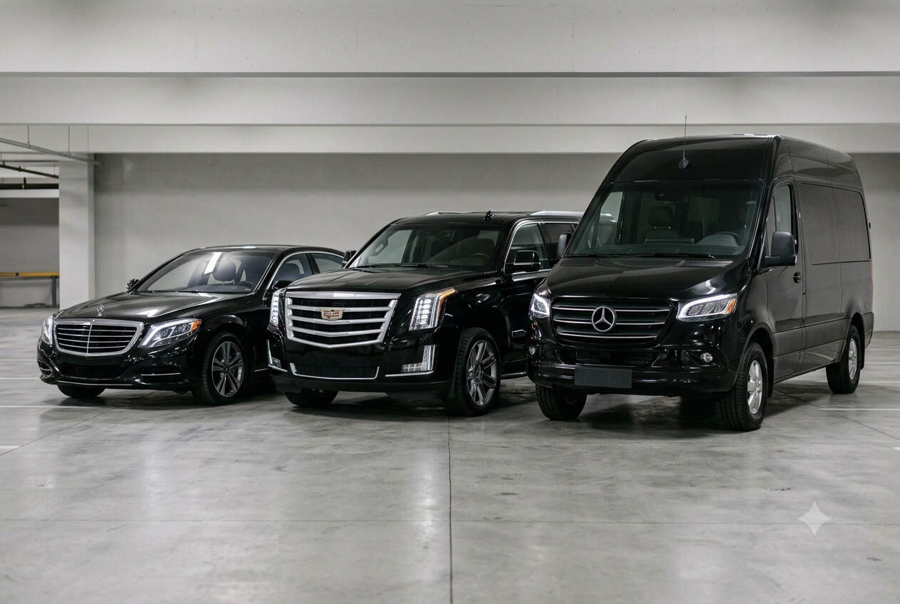 The Woodlands airport car service fleet featuring Mercedes S-Class sedan Cadillac Escalade SUV and Mercedes Sprinter van