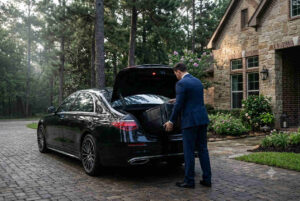 Professional chauffeur at The Woodlands Sterling Ridge residence for door-to-door IAH airport pickup Houston
