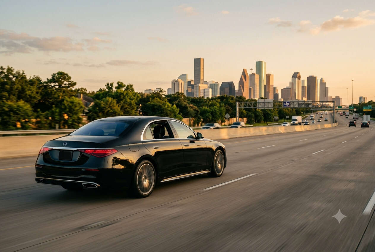 Professional black Mercedes S-Class car service driving from The Woodlands to IAH airport via Sam Houston Tollway Houston Texas