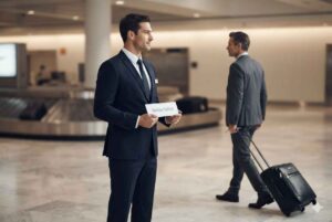 Professional Houston chauffeur with printed name sign meeting executive at IAH baggage claim for airport pickup service