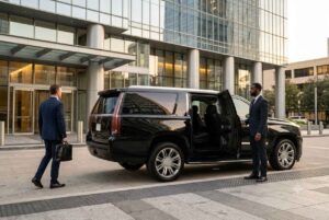 Black Cadillac Escalade executive SUV at Downtown Houston office building for airport transportation service